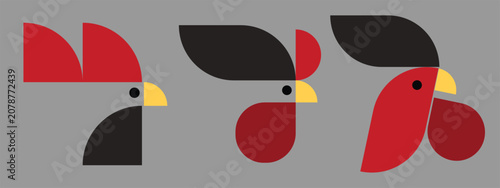 Creative geometric poultry illustration set featuring stylized chicken, rooster, and hen characters built from simple shapes and bold colors. This modern flat vector design combines minimalist geometr