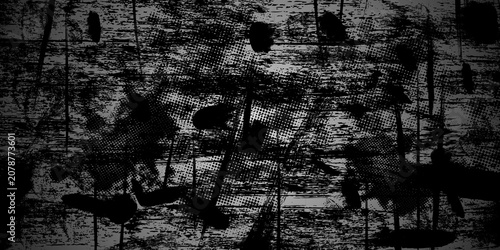Dark grunge textured background with distressed effect. Abstract halftone banner with brushstrokes and stains. Urban paint wallpaper with dots and lines