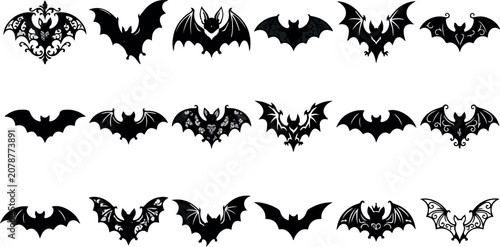 Collection of black bat silhouettes and illustrations for halloween decor