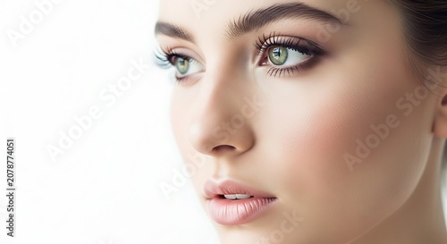 Close-up of a fair-skinned woman with striking green eyes, subtle makeup, and soft lighting