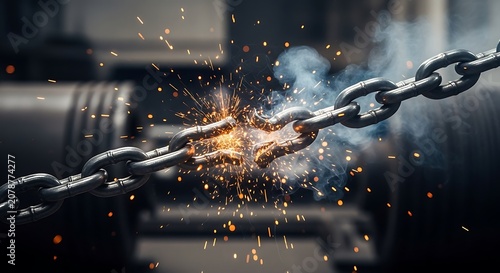 Close-up of a heavy metal chain breaking with sparks and smoke in a machine shop