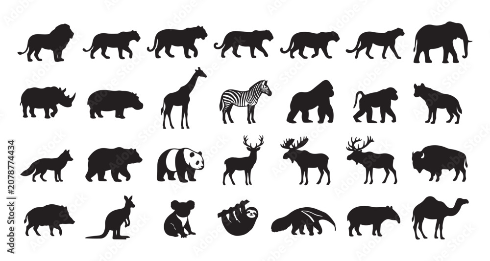 Fototapeta premium Wild Animals Silhouette Set - Black Safari and Forest Wildlife Vector Icons Collection Isolated on White
