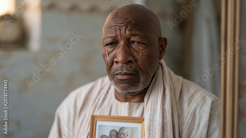 Nigerian man in his fifties stands at a bathroom mirror, tears on his cheeks, a framed family photograph held to his chest, cultural expectation and emotional release converging,