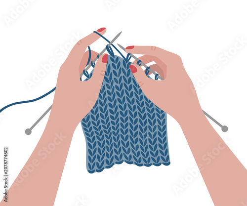 Hands knitting with needles and blue yarn - DIY craft, handmade and knitting hobby vector illustration.