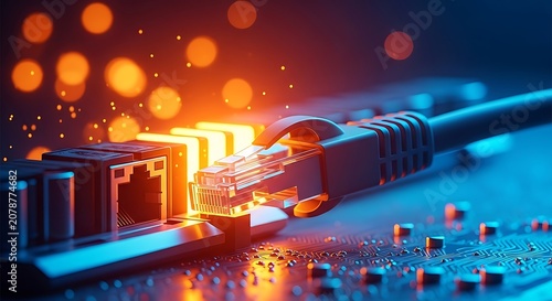 Close-up of a network cable plugged into a circuit board, with vibrant lighting