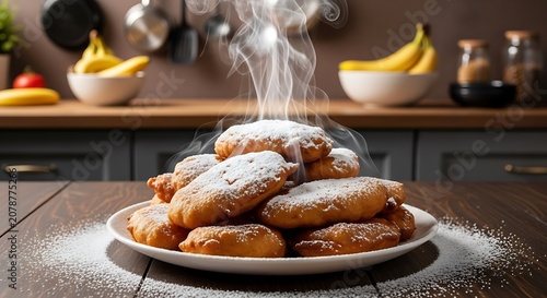 Close-up of a plate with a pile of powdered sugar-dusted, freshly-fried pastries