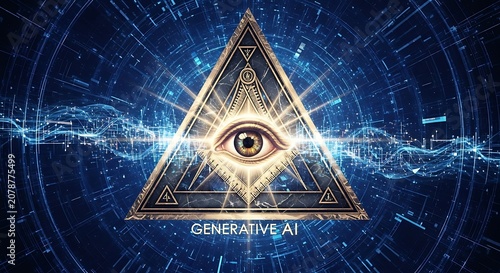 Futuristic Eye in Triangle Symbol with Digital Data Streams.