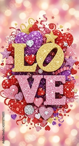Colorful Love Themed Decorative Background with Hearts and Stars.