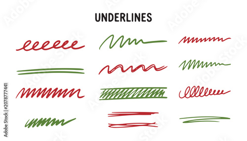 Hand Drawn Underline Decorations in Red and Green Doodle Style on White Background