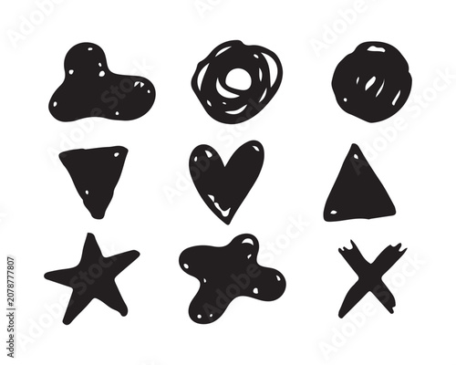Flat collection of black geometric and abstract shapes on white background minimalist design
