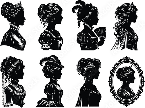 Victorian Woman Silhouette Set Vintage Style Vector Illustration