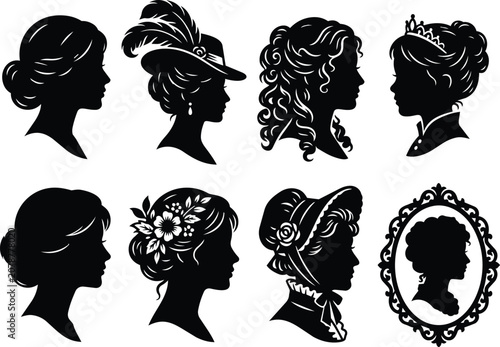 Woman Silhouette Set Vintage Style Vector Illustration
