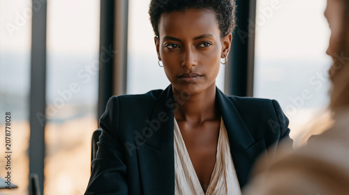 Ethiopian office worker in a blazer sits rigidly at a conference table while a colleague speaks over her repeatedly, workplace gender harassment subtle but unmistakable in body