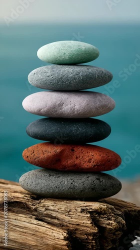 Stacked balancing stones on driftwood by turquoise sea