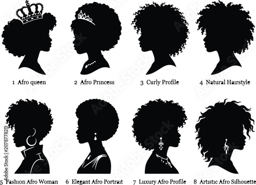 Black Woman Afro Silhouette Set Vector Illustration