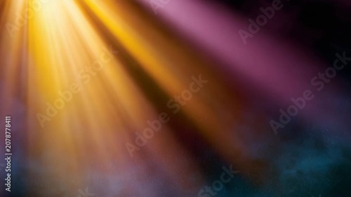 Golden beams radiating over violet smoky atmospheric background