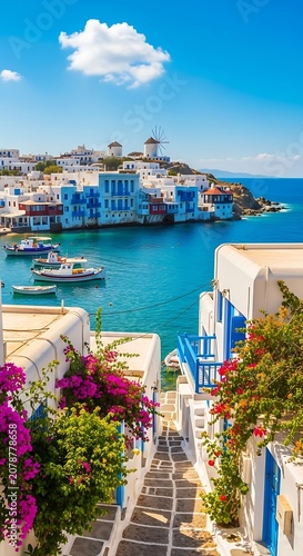 Scenic Coastal Village with Bright Blue Buildings and Vibrant Flowers.
