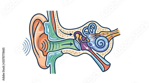 Tableau sur toile Detailed illustration of the human ear anatomy and sound wave transmission