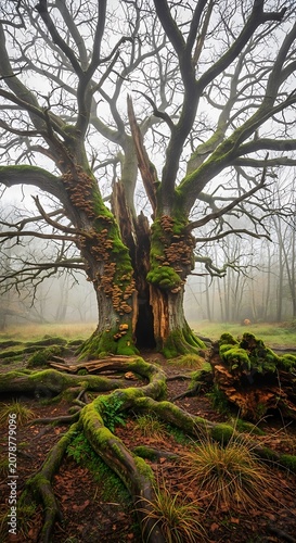 Ancient Tree in Misty Forest with Twisted Branches and Mossy Roots.