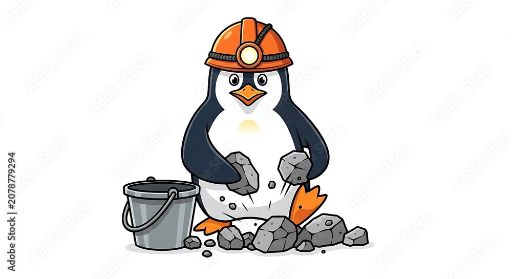 Obraz premium Cartoon miner with helmet and tools sitting on rock.