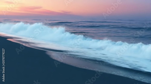 Gentle ocean waves rolling onto sandy beach at sunrise