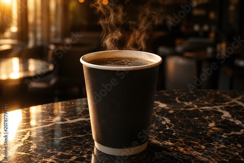 Blank Black Disposable Paper Coffee Cup with Rising Steam on Dark Marble Table, Warm Cafe Interior with Bokeh Background for Hot Beverage Branding Presentation and Advertising Mockup.