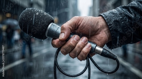 Close-up of a hand holding a wet microphone in the rain during a news report on a city street
