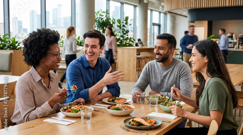 Diverse group of colleagues enjoying a healthy lunch break together in a modern office