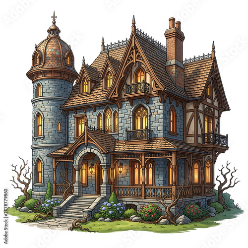 Detailed pixel art illustration of a vintage victorian mansion house with a tower and glowing warm windows surrounded by a small garden