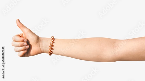Foto Hitchhiking thumb gesture isolated image on white