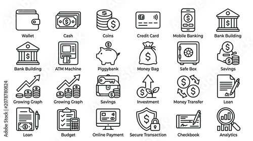 Φωτογραφία Modern banking and financial planning line icons set including money transfer savings account investment growth and secure transaction symbols for web design