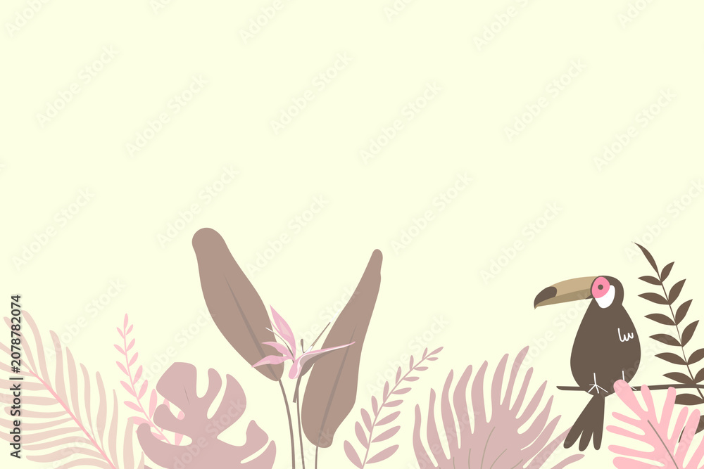 Fototapeta premium Pink pastel tropical bird border, cream design