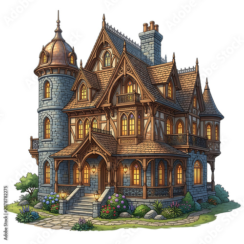 Beautiful victorian mansion house with glowing windows and ornate wooden architecture
