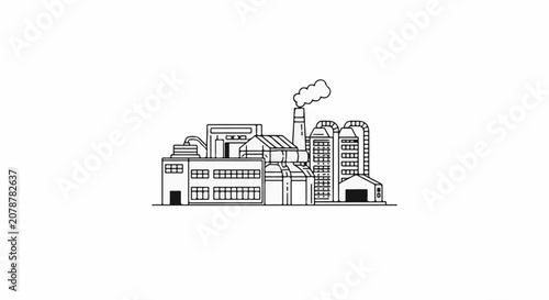 Industrial factory building with smokestack.