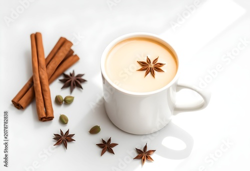 Aromatic spices and star anise float on creamy chai tea in a white mug on a clean surface with cinnamon sticks and cardamom.