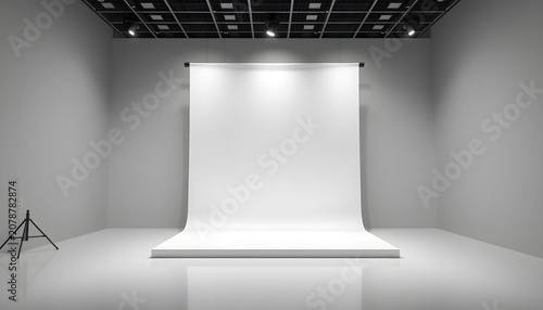 A studio setup with a large white backdrop and platform under bright lights