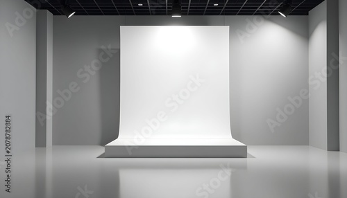 A large white backdrop stands on a platform in a modern studio with gray walls and ceiling lights.