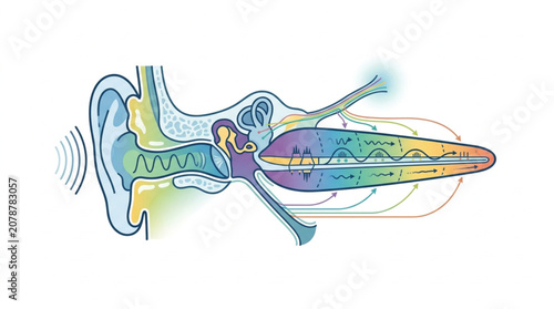 Photos Detailed illustration of the human ear anatomy and sound wave transmission