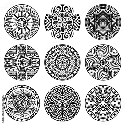 Fotografie Collection of nine tribal circular ornamental designs.