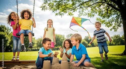 Children Playing Outdoors in Park on Sunny Day.