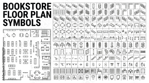 Bookstore floor plan symbols set, library interior design architectural icons, retail shop furniture layout elements, black and white vector kit