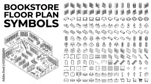 Bookstore floor plan symbols, isometric library furniture icons set, architectural interior design elements for book shop layout, black line vector