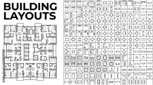 Building layouts architectural floor plan set, professional apartment blueprint vector icons, residential house construction design elements