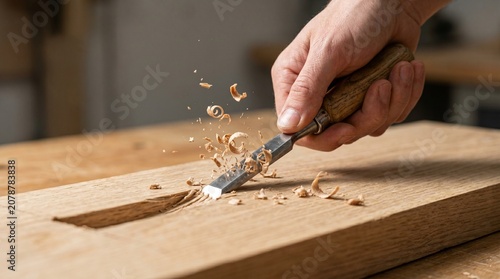 Close-up of a hand using a chisel to carve wood with flying shavings in a workshop