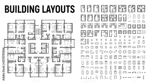 Architectural building layouts vector set, professional floor plan blueprints for residential apartment design, technical housing schematic icons