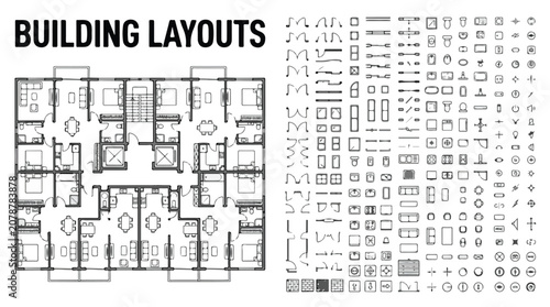 Architectural building layouts and floor plan icons, technical apartment blueprint vector set, professional construction design elements for real estate