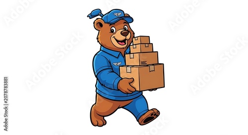 Happy cartoon construction worker carrying bricks.