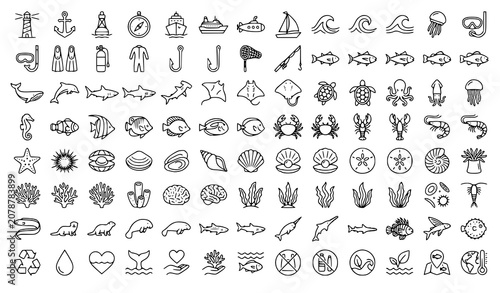 Marine Life Outline Icon Collection Vector with Ocean Animals Coral Reef Diving and Coastal Symbols