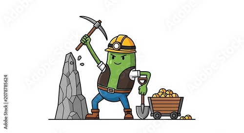 Cartoon character carrying heavy luggage on back.