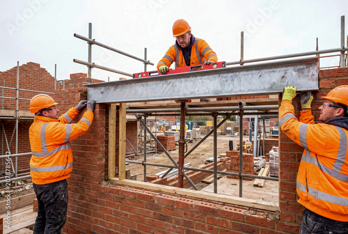 Construction Workers Installing Steel Beam on Brick House